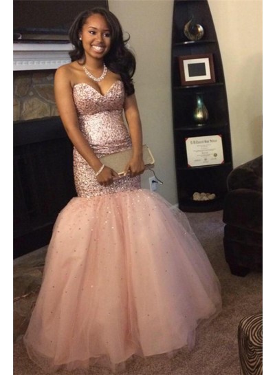 2022 Sexy Mermaid  Sweetheart Peach Beaded Tulle African American Prom Dresses