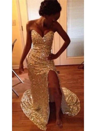 2022 Sheath Gold Sweetheart Side Slit Sequence African American Prom Dresses