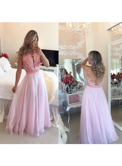 Cheap A Line Chiffon Pink Lace Backless Floor Length Prom Dresses 2022