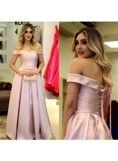 2022 Elegant A Line Satin Pink Off Shoulder Lace Up Back Long Prom Dresses