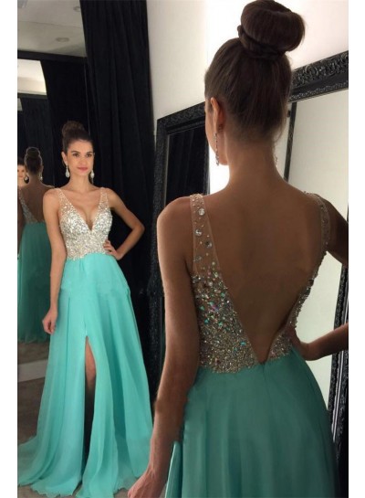 Cheap A Line Chiffon Turquoise Side Slit V Neck Beaded Backless Prom Dresses 2022