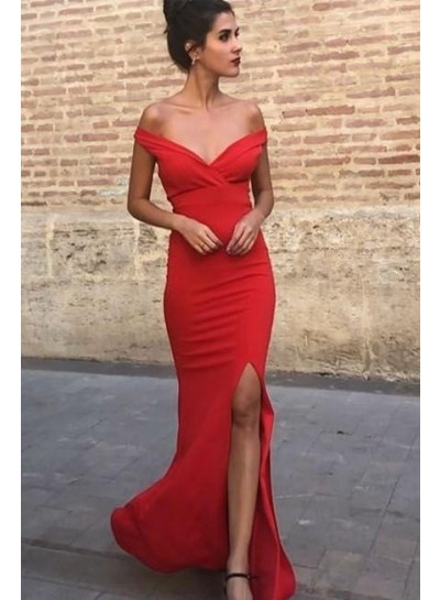 2022 Charming Red Sheath Off Shoulder Sweetheart Side Slit Prom Dresses