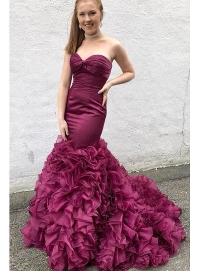 Amazing Mermaid  Sweetheart Ruffles Organza Long Train Grape Prom Dresses 2022