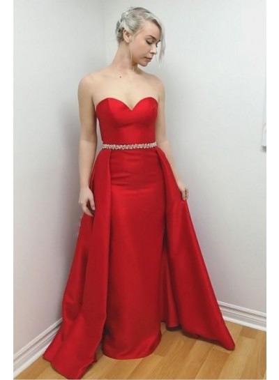 2022 Elegant Sheath Satin Sweetheart Red Beaded Long Prom Dresses