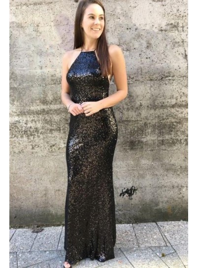 2022 Black Sheath Sequence Lace Up Back Criss Cross Long Prom Dresses