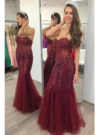 2022 Charming Mermaid  Sweetheart Tulle Burgundy Lace Up Back Appliques Prom Dresses