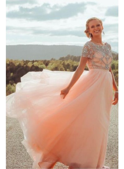 2022 New Arrival A Line Tulle Peach Short Sleeves Beaded Scoop Long Backless Prom Dresses