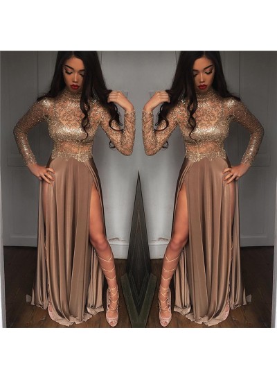 Sexy A Line Elastic Satin Champagne Long Sleeves See Through High Neck Side Slit Long Prom Dresses 2024