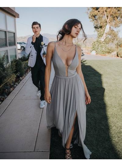 Charming A Line Chiffon Silver Sweetheart Side Slit Prom Dresses 2022