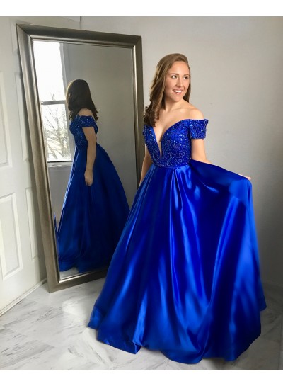 2022 Elegant A Line Satin Off Shoulder Sweetheart Beaded Long Royal Blue Prom Dresses