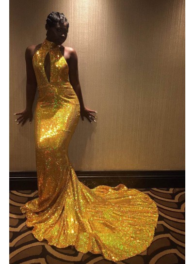 Amazing Mermaid  Gold Key Hole High Neck Backless African American Long 2022 Prom Dresses