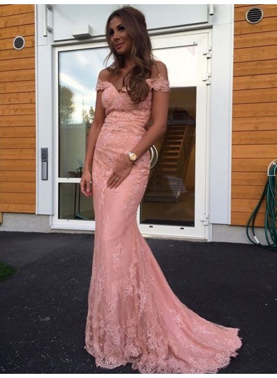 2022 New Designer Sheath Off Shoulder Sweetheart Pink Lace Prom Dresses