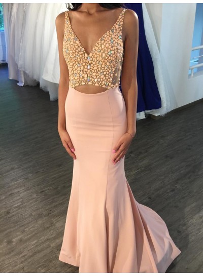 2022 Newly Mermaid  Satin V Neck Blushing Pink Hollow Out Backless Prom Dresses