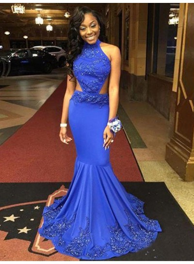 New Arrival Mermaid  Royal Blue High Neck Backless African American Prom Dresses 2022