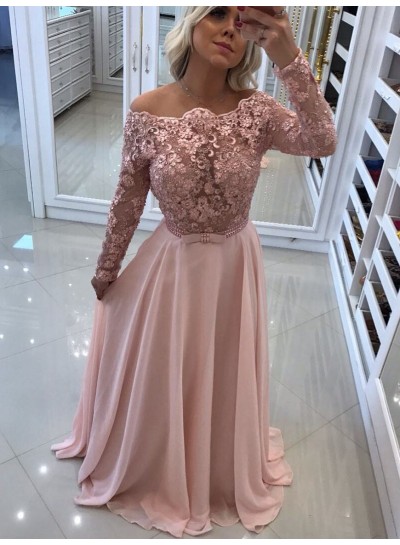 2022 Elegant A Line Long Sleeves Chiffon Blushing Pink Backless Lace Prom Dresses