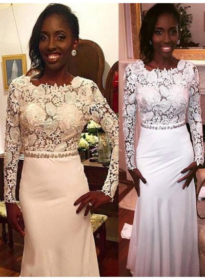 White Long Sleeves Sheath Lace Backless African American Long 2022 Prom Dresses