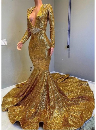2025 Mermaid Gold V Neck Backless Long Sleeves Sequence African American Prom Dresses