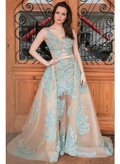 New Designer A Line Champagne and Blue Appliques Tulle Scoop Prom Dresses With Bowknot 2022