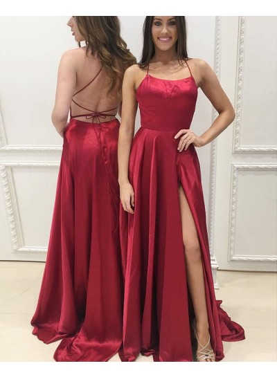 Cheap A Line Red Elastic Satin Side Slit Halter Lace Up Back Prom Dresses 2022