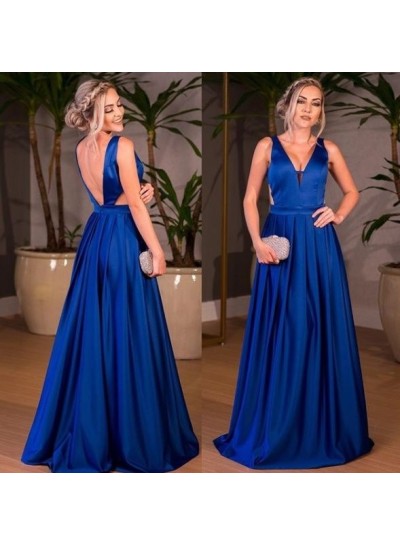 Elegant A Line Satin Royal Blue V Neck Backless Long 2022 Prom Dresses