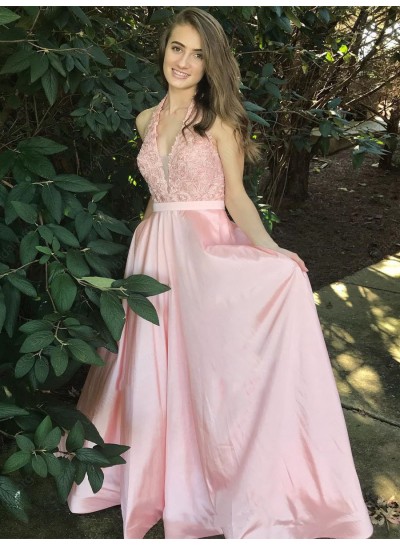 2022 Elegant A Line V Neck Halter Satin Pink With Appliques Backless Prom Dresses