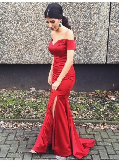 Sexy Sheath Red Off Shoulder Sweetheart Side Slit Long 2022 Prom Dresses
