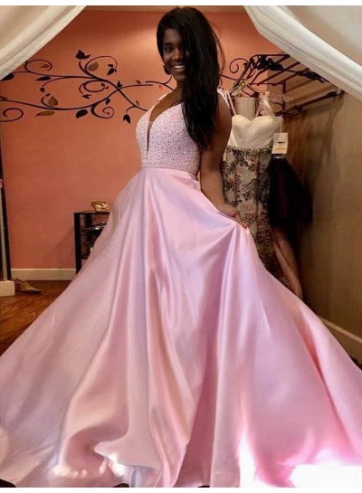 Cheap A Line Satin Pink V Neck Long Backless Prom Dresses 2022