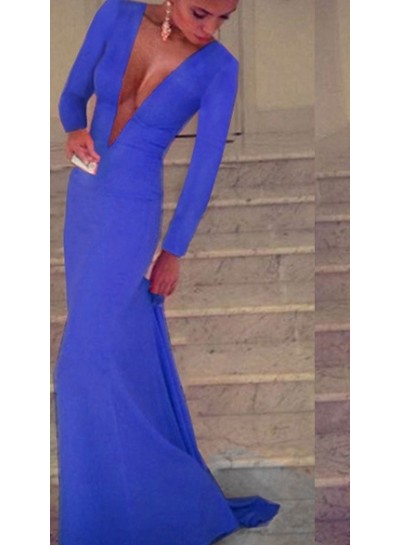 Charming Sheath Deep V Neck Long Sleeves Cheap Royal Blue Prom Dresses 2022