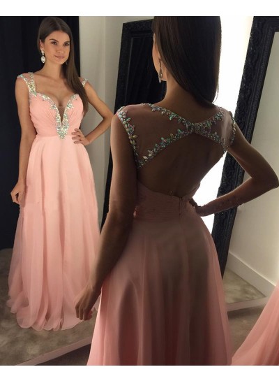 2022 Cheap A Line Chiffon Pink Sweetheart Beaded Backless Prom Dresses With Straps 