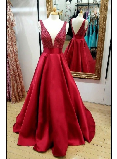 2022 Elegant A Line Satin Red Beaded V Neck Backless Long Prom Dresses