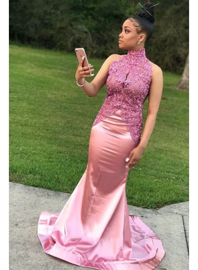 2022 New Arrival Mermaid  Pink Elastic Satin High Neck South African Long Prom Dress