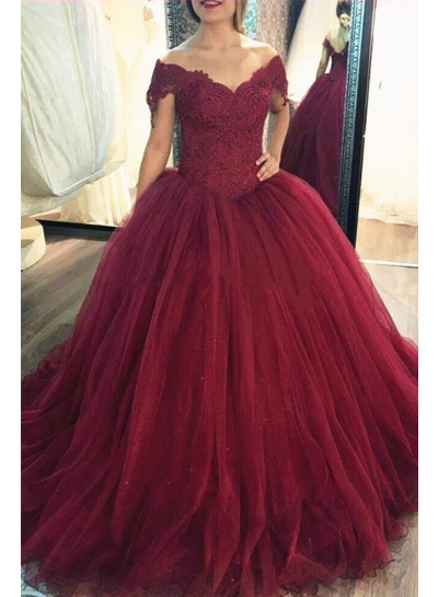 2022 New Arrival Tulle Burgundy Off Shoulder Sweetheart Lace Ball Gown Prom Dress