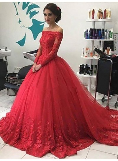 2022 Cheap Long Sleeves Tulle Off Shoulder Red Ball Gown Prom Dress