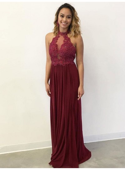 Cheap A Line Burgundy High Neck With Appliques Spandex 2022 Prom Dress