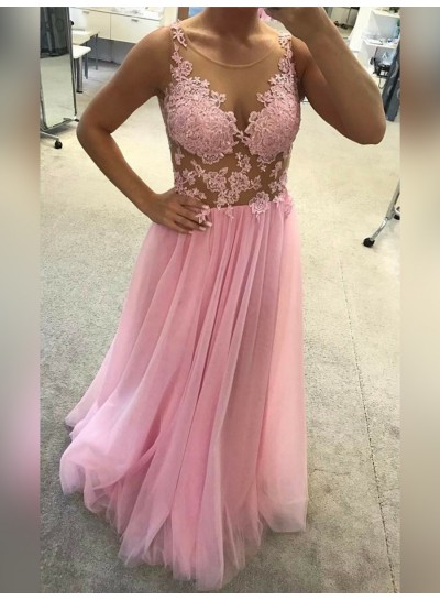 2022 Cheap A Line Tulle Pink Scoop See Through Prom Dress With Appliques