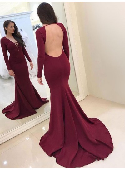 2022 Sexy Mermaid  Burgundy Satin Long Sleeves Backless V Neck Long Prom Dress