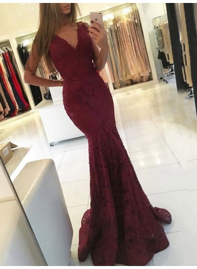 Sexy Mermaid  Burgundy V Neck Lace Sleeveless Long Prom Dress 2022
