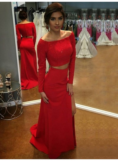 2022 Cheap Sheath Long Sleeves Red Side Slit Two Pieces Off Shoulder Prom Dress