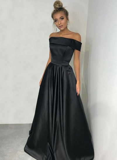 Cheap A Line Satin Black Off Shoulder Simple Prom Dress 2022