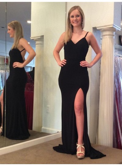 Cheap Black Sheath Backless Side Slit V Neck Prom Dress 2022