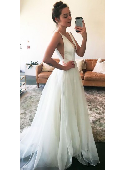 A Line White Deep V Neck Chiffon Long Prom Dress 2024