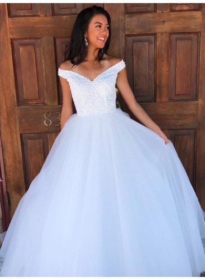 2022 New Arrival White Off Shoulder Sweetheart Ball Gown Prom Dress