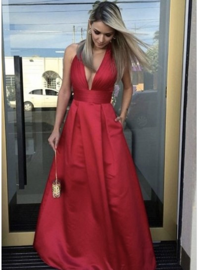 Cheap A Line Red V Neck 2022 Red Satin Prom Dress With Pockets 