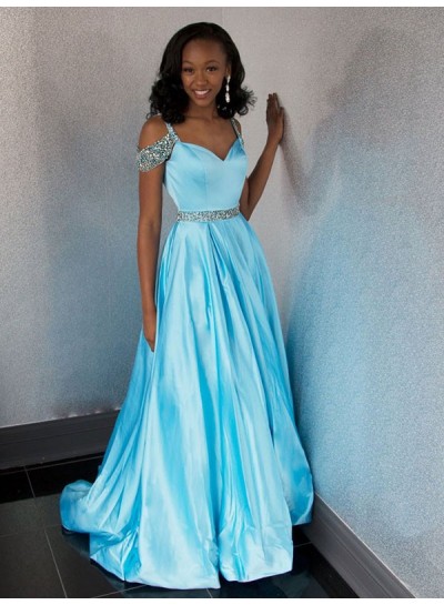 2022 Chap A Line Sweetheart Off Shoulder Blue Beaded Long Prom Dress