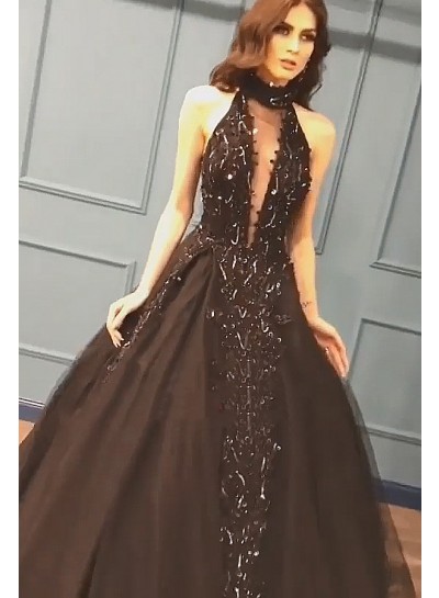 2022 New Designer Black High Neck Backless Satin Ball Gown Prom Dress