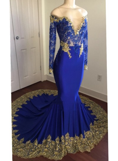 2024 Sexy Mermaid  Royal Blue And Gold Appliques Long Sleeves V Neck Off Shoulder Prom Dress