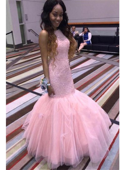2022 Sexy Mermaid  Pink Tulle Full Beaded Sleeveless African American Prom Dress