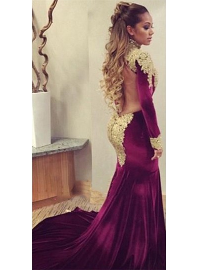 2022 Sexy Mermaid  Burgundy and Gold Appliques Velvet Long Sleeves African American Long Backless Prom Dress