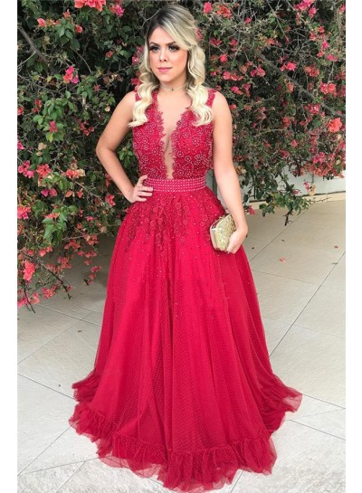 2022 Cheap A Line Tulle Red Beaded Backless Bowknot Back V Neck Long Prom Dress