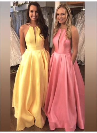 2022 Cheap Satin A Line Simple Yellow Halter V Neck Backless Prom Dress